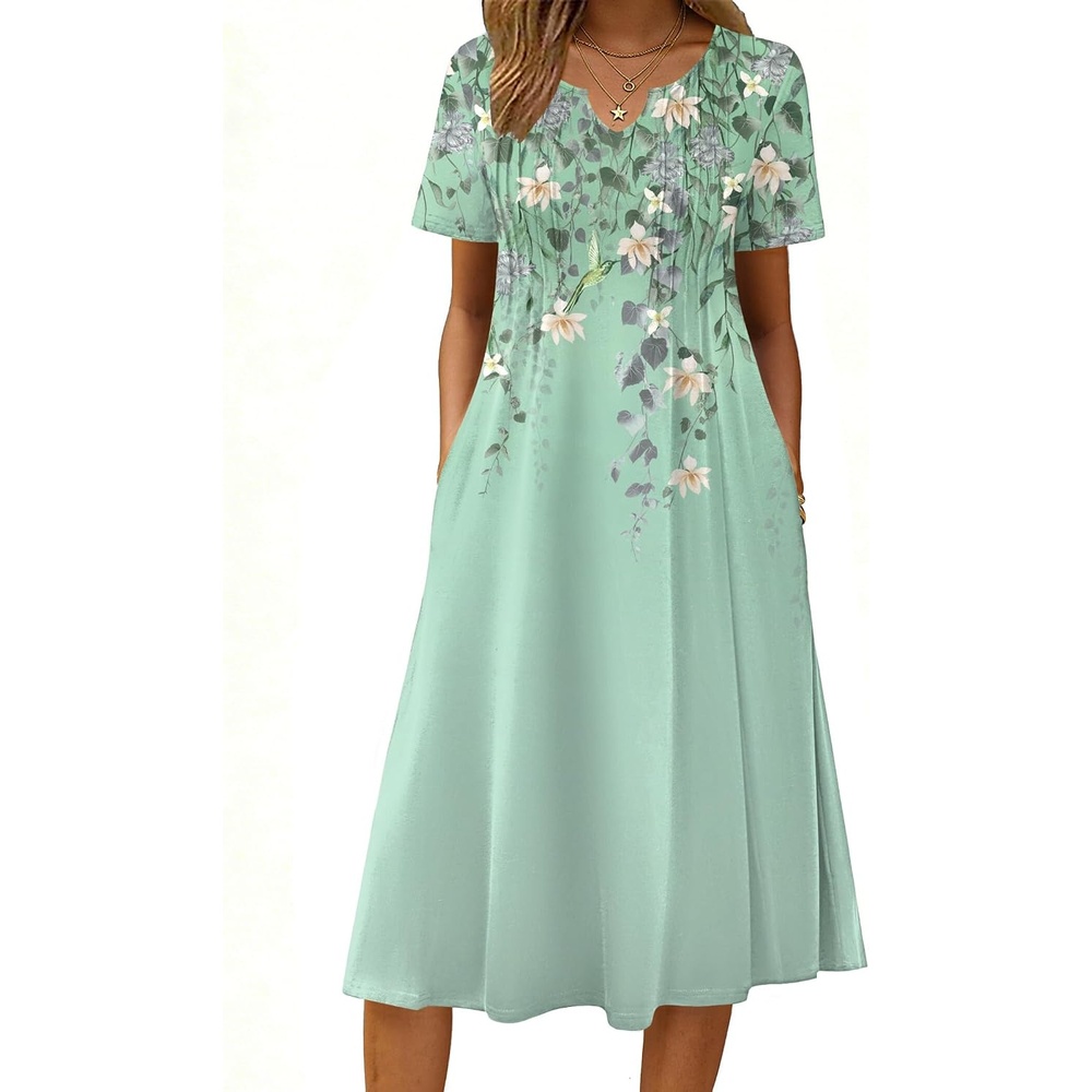 image:imageZeagoo Summer Dresses for Women 2026 Casual Short Sleeve Aline Midi Dress with Pocket Flowy Pleated Tshirt Beach SundressGreen Floral