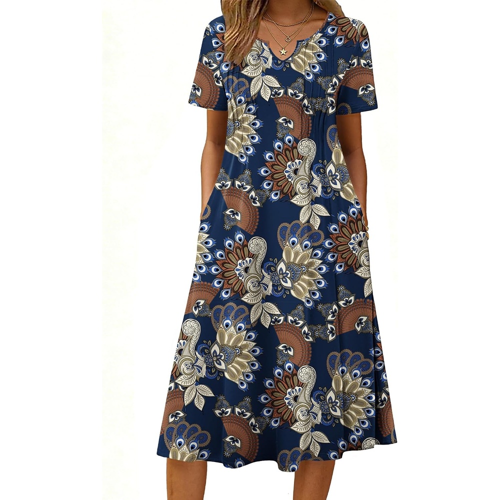 image:imageZeagoo Summer Dresses for Women 2026 Casual Short Sleeve Aline Midi Dress with Pocket Flowy Pleated Tshirt Beach SundressMz931