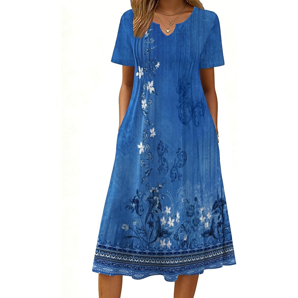 image:imageZeagoo Summer Dresses for Women 2026 Casual Short Sleeve Aline Midi Dress with Pocket Flowy Pleated Tshirt Beach SundressMz937