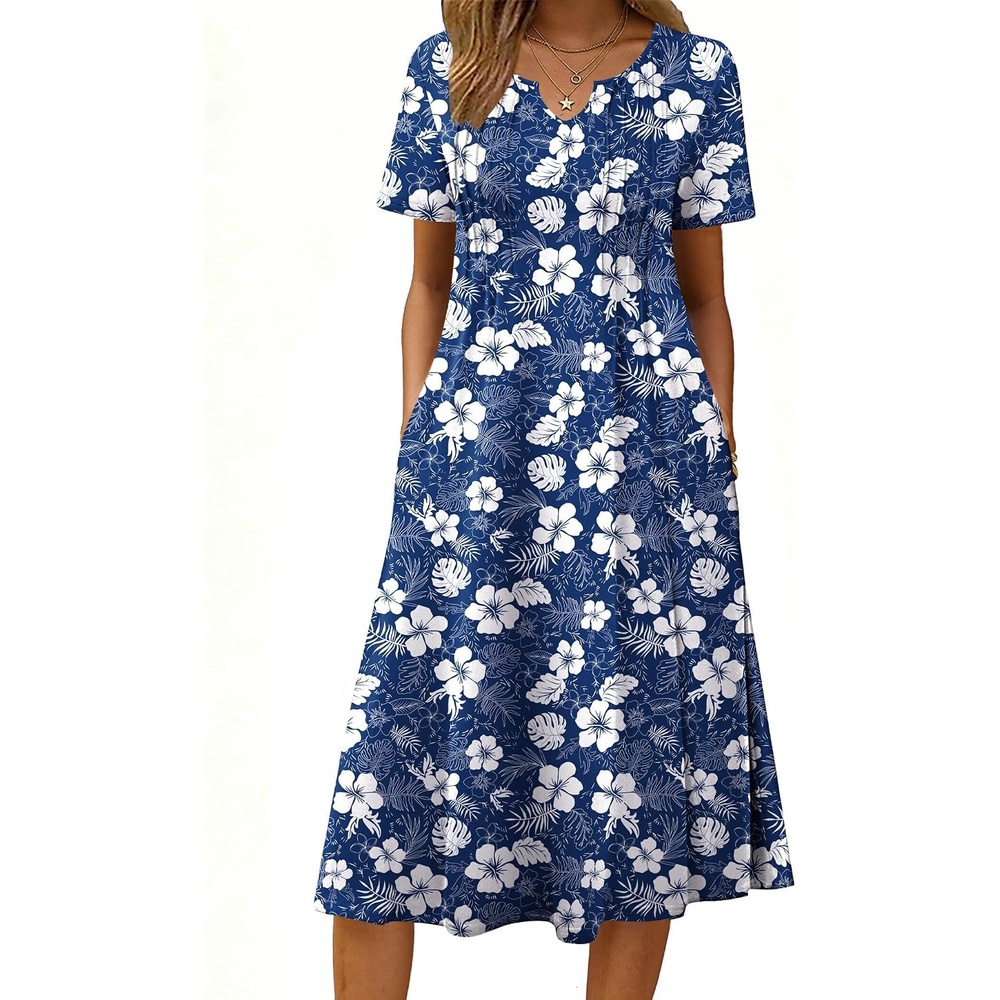 image:imageZeagoo Summer Dresses for Women 2026 Casual Short Sleeve Aline Midi Dress with Pocket Flowy Pleated Tshirt Beach SundressNavy Floral