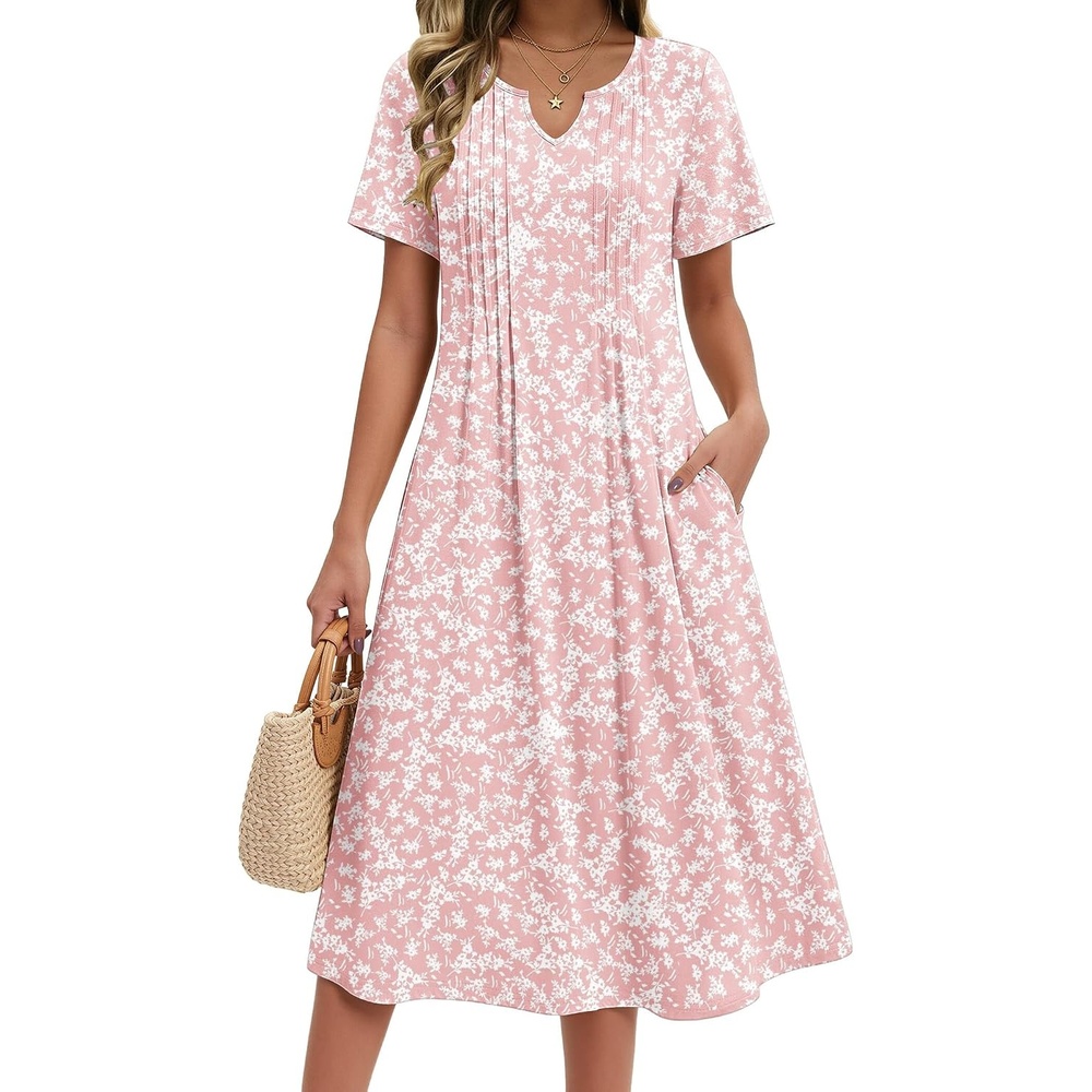 image:imageZeagoo Summer Dresses for Women 2026 Casual Short Sleeve Aline Midi Dress with Pocket Flowy Pleated Tshirt Beach SundressPink Floral