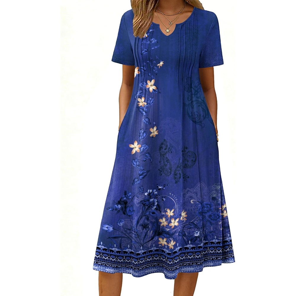 image:imageZeagoo Summer Dresses for Women 2026 Casual Short Sleeve Aline Midi Dress with Pocket Flowy Pleated Tshirt Beach SundressPurple Ethnic Print