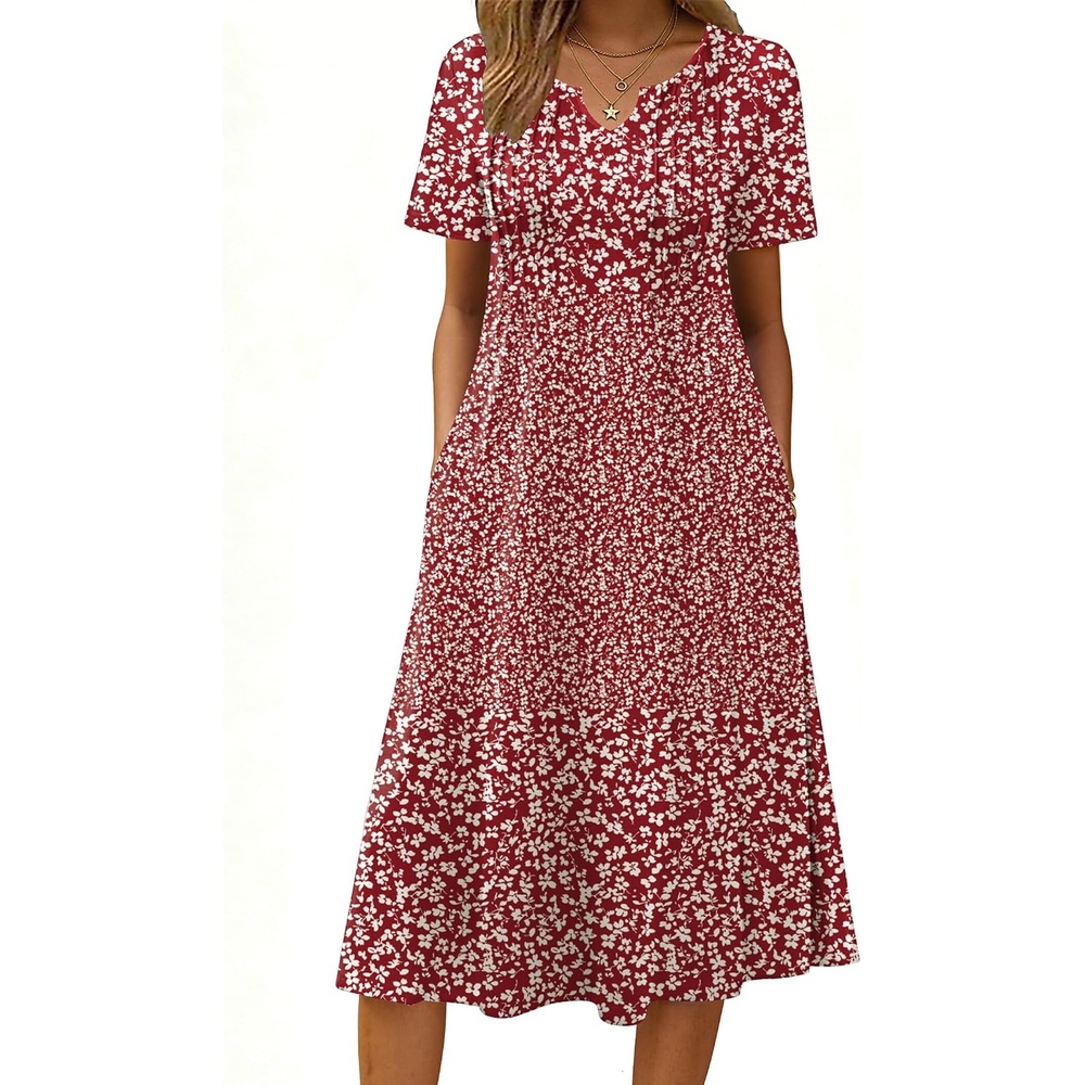 image:imageZeagoo Summer Dresses for Women 2026 Casual Short Sleeve Aline Midi Dress with Pocket Flowy Pleated Tshirt Beach SundressRed Floral