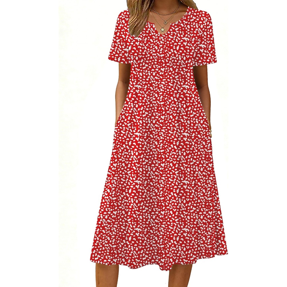 image:imageZeagoo Summer Dresses for Women 2026 Casual Short Sleeve Aline Midi Dress with Pocket Flowy Pleated Tshirt Beach SundressRed Round Dot Print