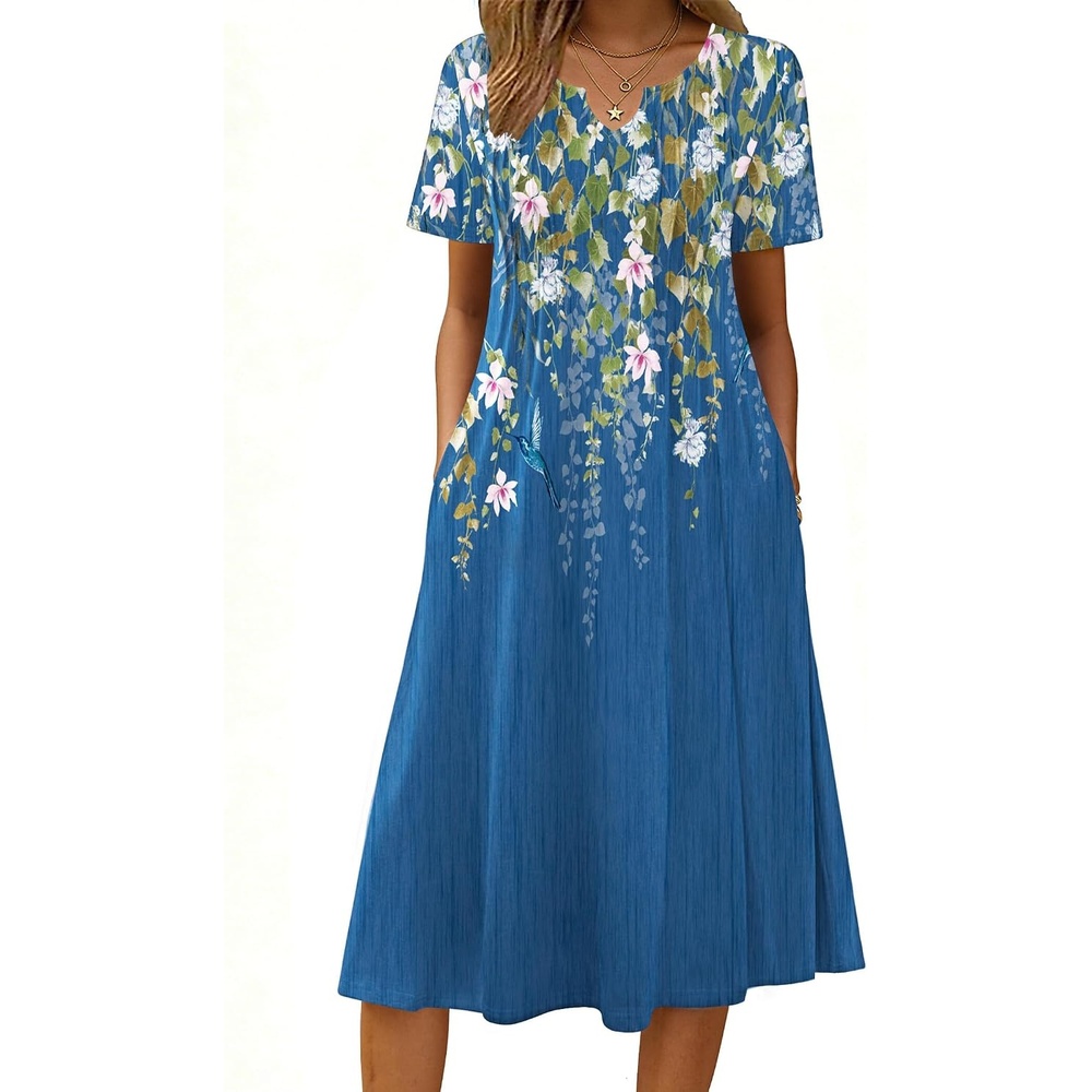 image:imageZeagoo Summer Dresses for Women 2026 Casual Short Sleeve Aline Midi Dress with Pocket Flowy Pleated Tshirt Beach SundressSf223