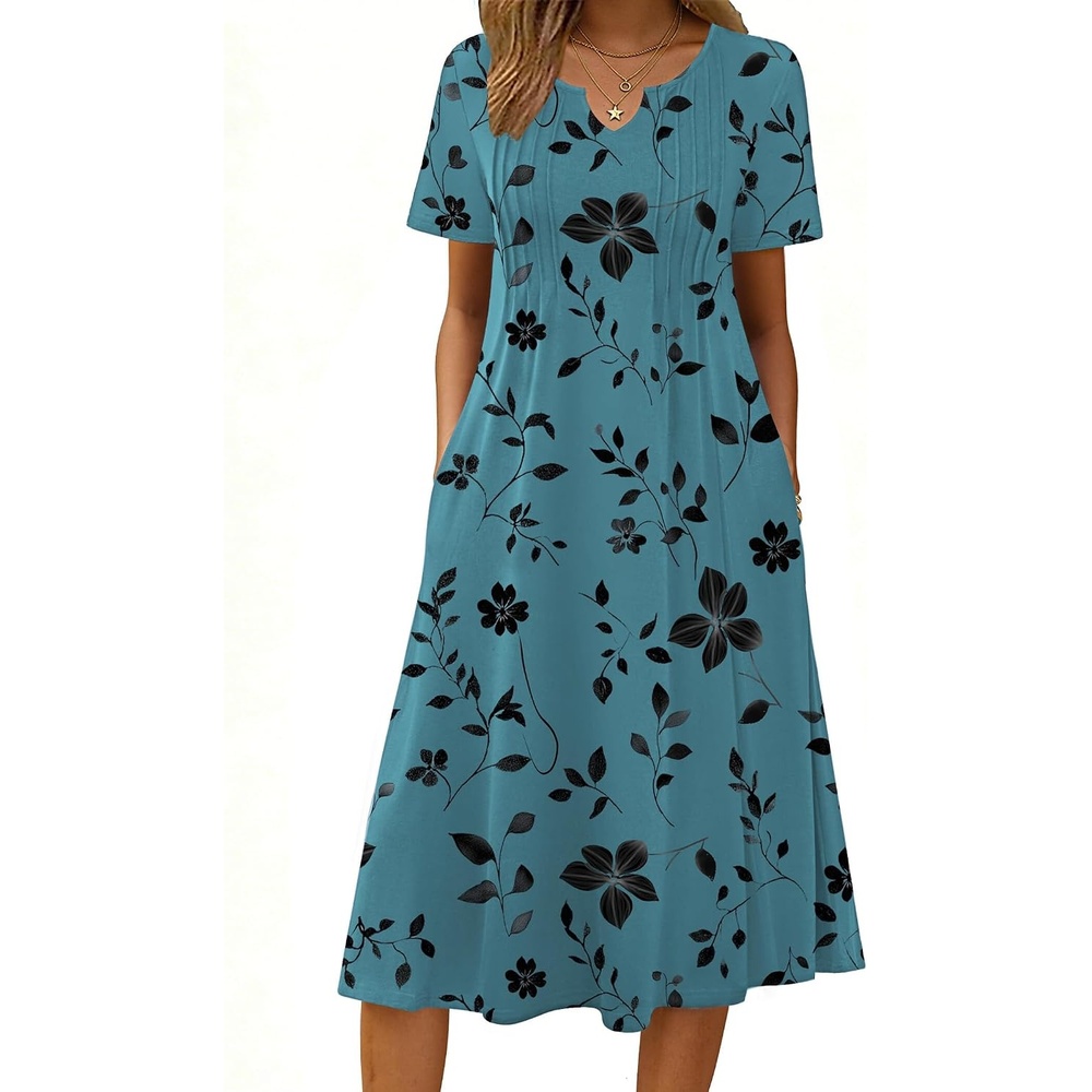 image:imageZeagoo Summer Dresses for Women 2026 Casual Short Sleeve Aline Midi Dress with Pocket Flowy Pleated Tshirt Beach SundressSf237