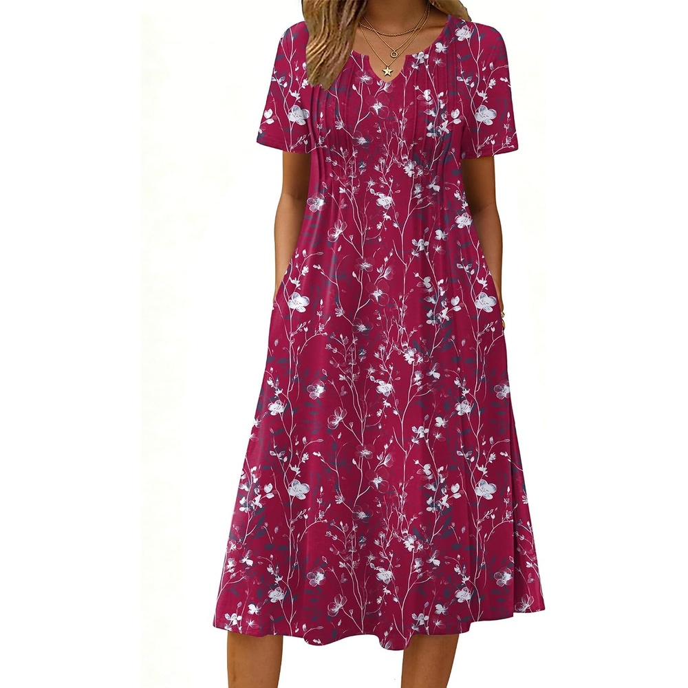 image:imageZeagoo Summer Dresses for Women 2026 Casual Short Sleeve Aline Midi Dress with Pocket Flowy Pleated Tshirt Beach SundressSf243