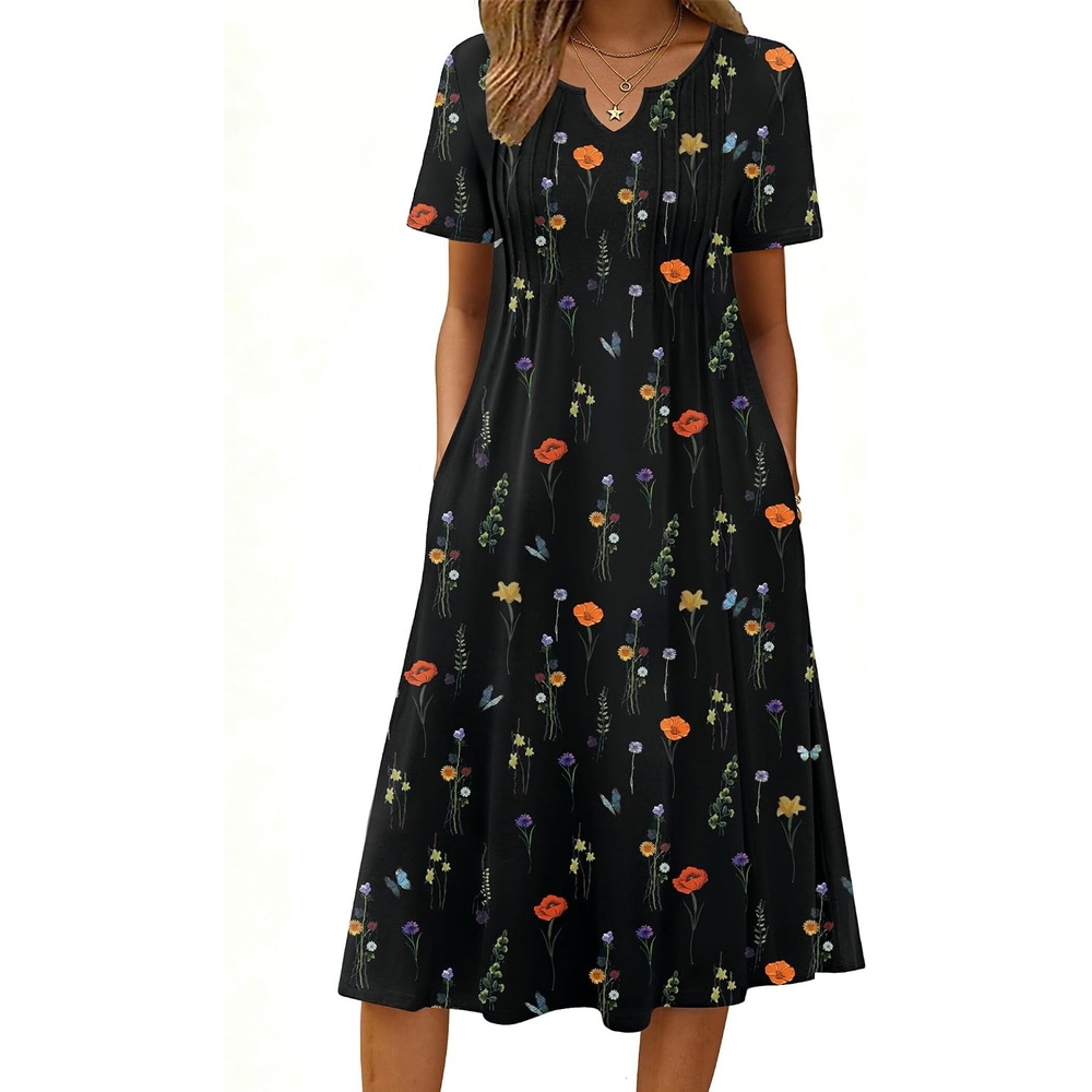 image:imageZeagoo Summer Dresses for Women 2026 Casual Short Sleeve Aline Midi Dress with Pocket Flowy Pleated Tshirt Beach SundressWf100