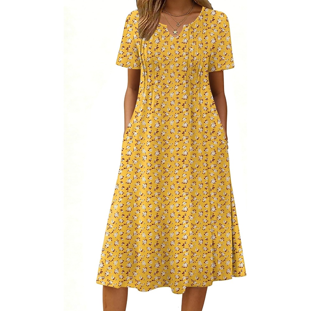 image:imageZeagoo Summer Dresses for Women 2026 Casual Short Sleeve Aline Midi Dress with Pocket Flowy Pleated Tshirt Beach SundressYellow Floral