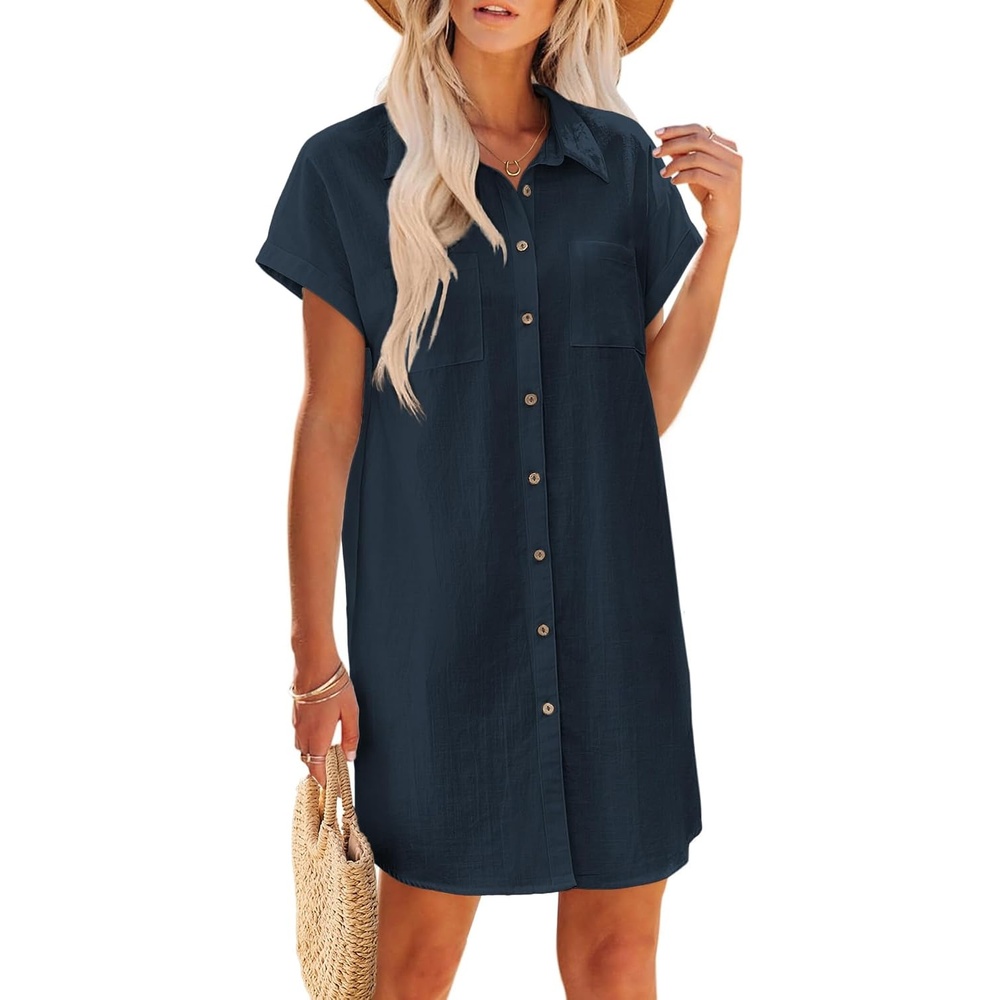 image:imageZeagoo Summer Dresses for Women 2026 Cotton Button Down Short Sleeve Tshirt Dresses Casual Mini Beach Dress01navy Blue