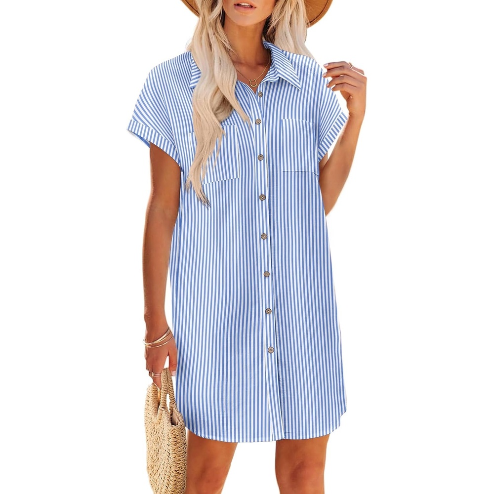 image:imageZeagoo Summer Dresses for Women 2026 Cotton Button Down Short Sleeve Tshirt Dresses Casual Mini Beach DressBluewhite Stripe