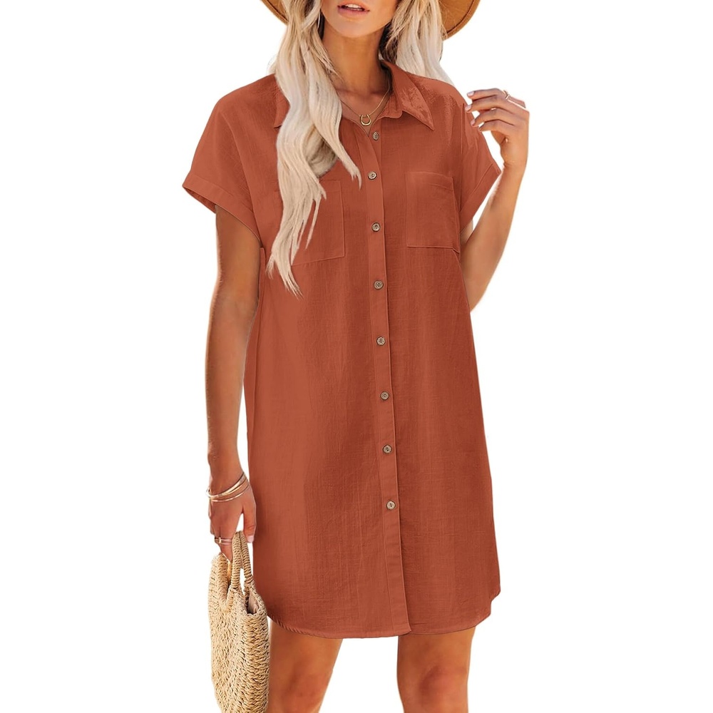 image:imageZeagoo Summer Dresses for Women 2026 Cotton Button Down Short Sleeve Tshirt Dresses Casual Mini Beach DressBrick Red
