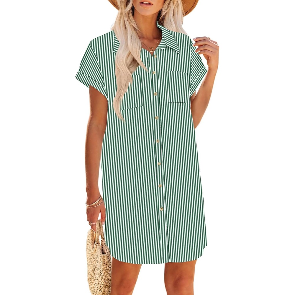 image:imageZeagoo Summer Dresses for Women 2026 Cotton Button Down Short Sleeve Tshirt Dresses Casual Mini Beach DressGreen Stripes