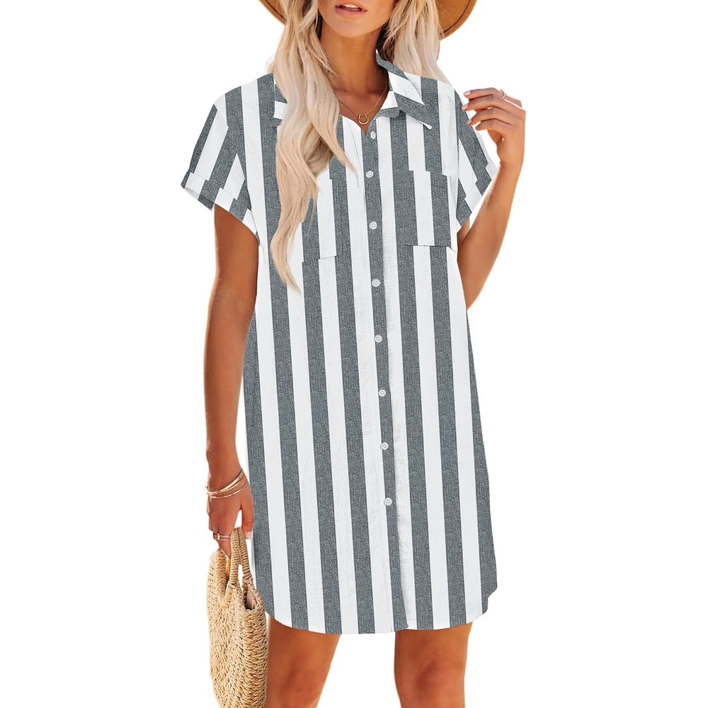 image:imageZeagoo Summer Dresses for Women 2026 Cotton Button Down Short Sleeve Tshirt Dresses Casual Mini Beach DressKhaki White Stripes