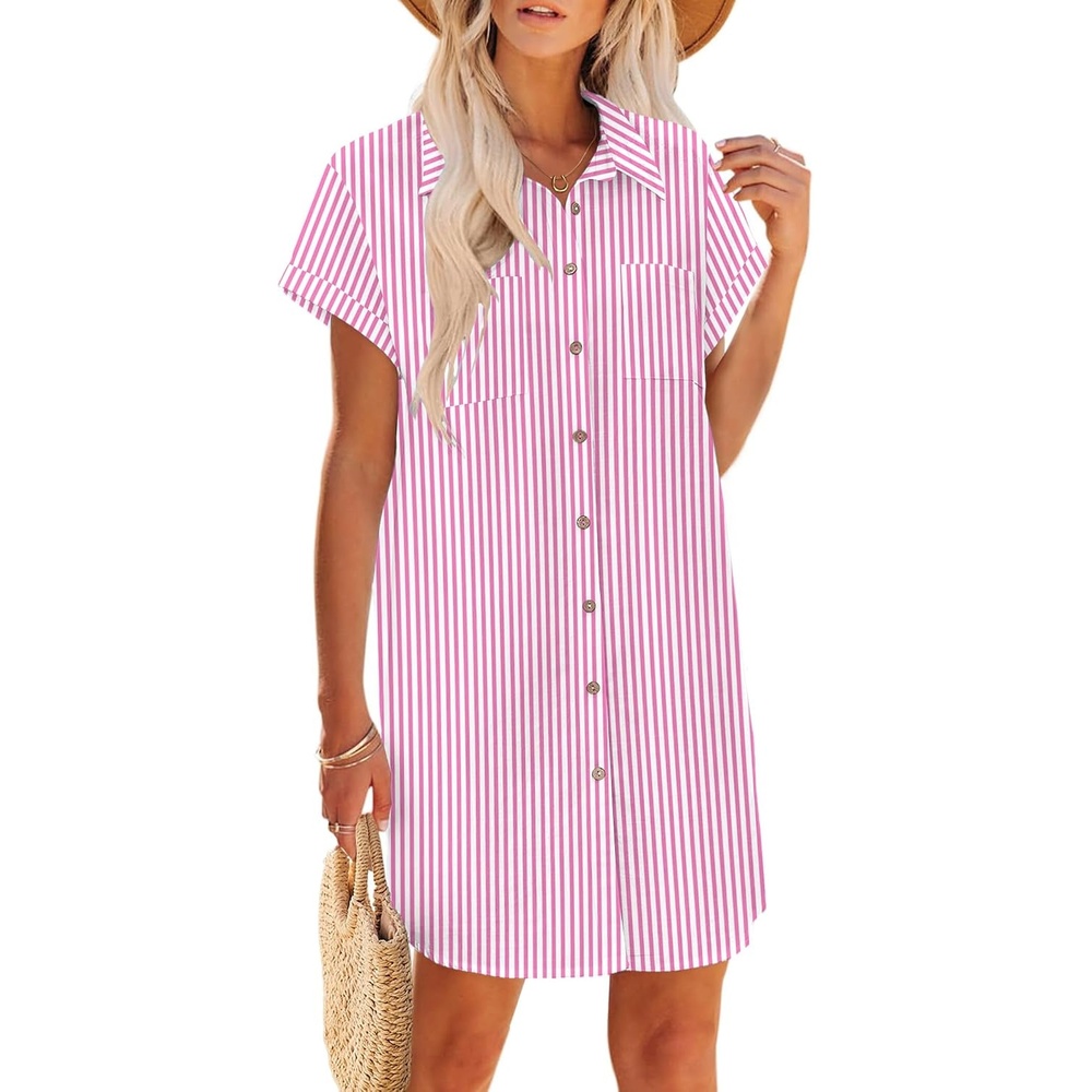 image:imageZeagoo Summer Dresses for Women 2026 Cotton Button Down Short Sleeve Tshirt Dresses Casual Mini Beach DressPink Stripes