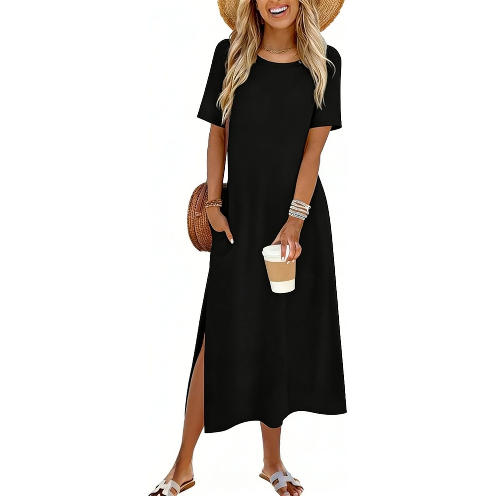 image:imageZeagoo Summer Dresses for Women 2026 Maxi Dresses Vacation Sundress Short Sleeve Casual Sundresses Split Dress with Pockets01black