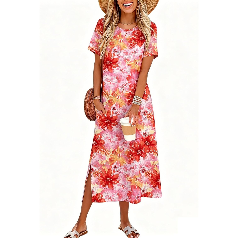 image:imageZeagoo Summer Dresses for Women 2026 Maxi Dresses Vacation Sundress Short Sleeve Casual Sundresses Split Dress with PocketsFlowers Red Yellow