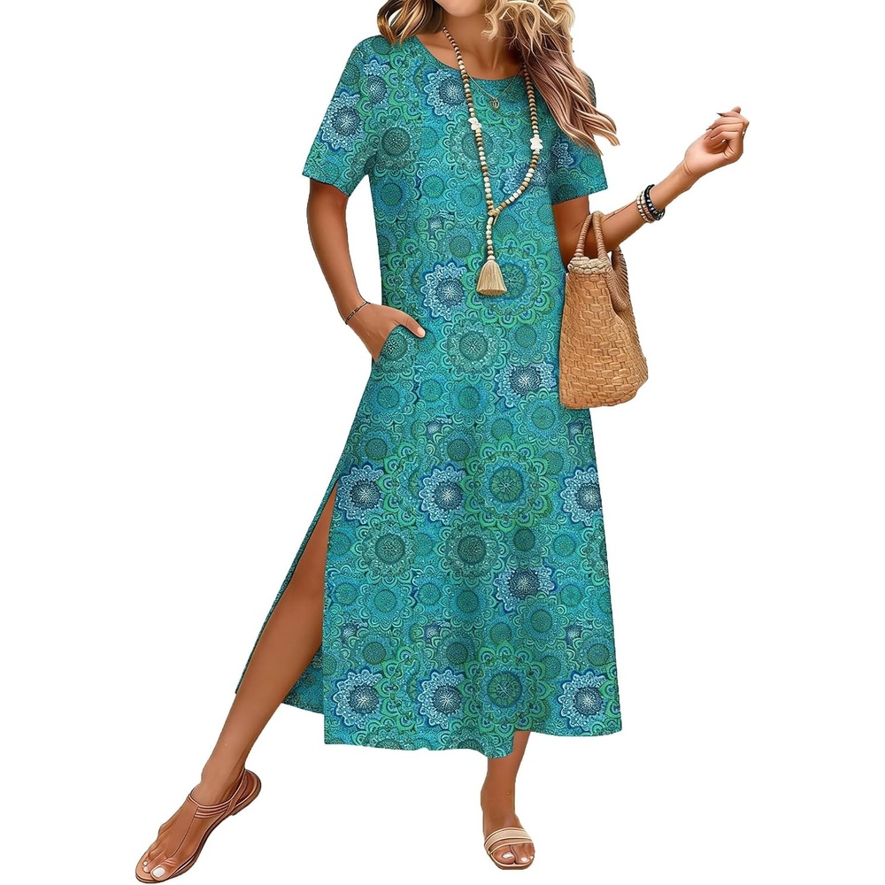 image:imageZeagoo Summer Dresses for Women 2026 Maxi Dresses Vacation Sundress Short Sleeve Casual Sundresses Split Dress with PocketsGreen Black