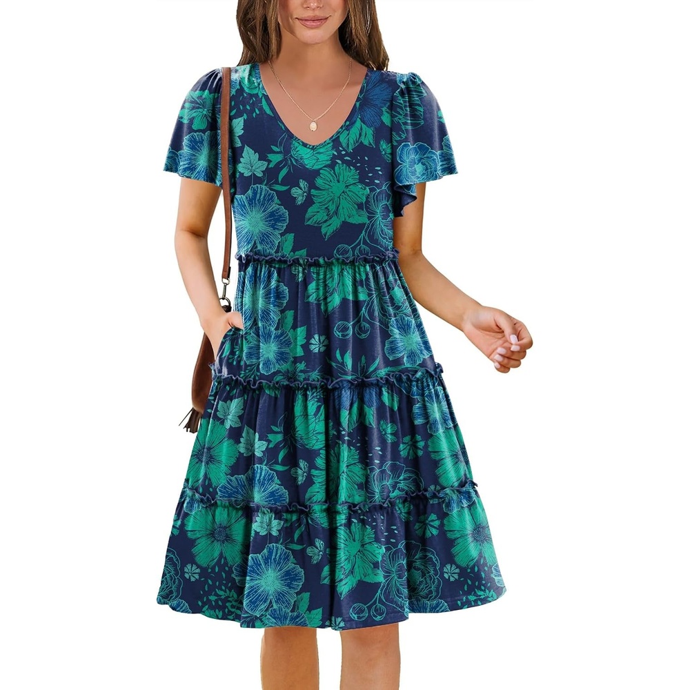 image:imageZeagoo Summer Tiered Mini Dress with Pockets Ruffle Sleeve VNeck Casual Dress A Line Boho Flowy Sundress 2025 VacationSf114
