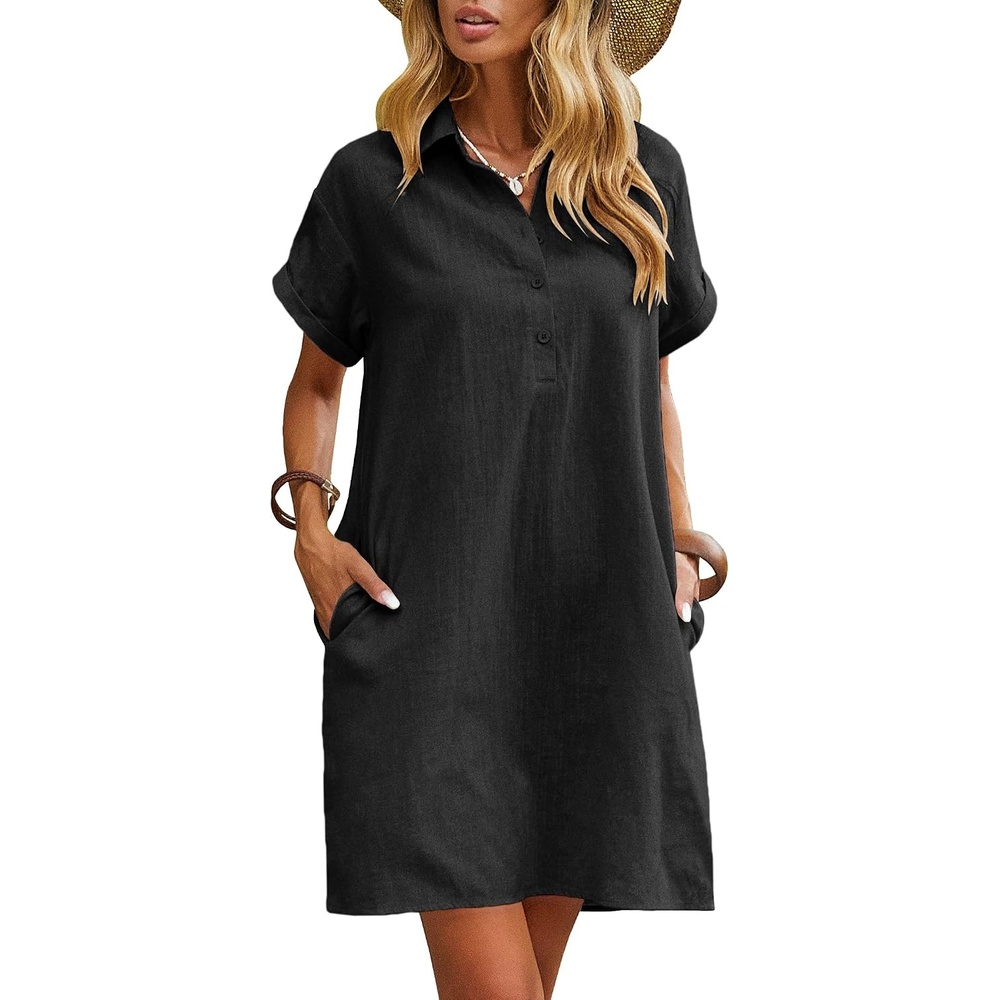 image:imageZeagoo Womens Cotton Shirt Dress Summer Casual Short Sleeve Button Down Beach Cover Up Shirts with Pockets02black