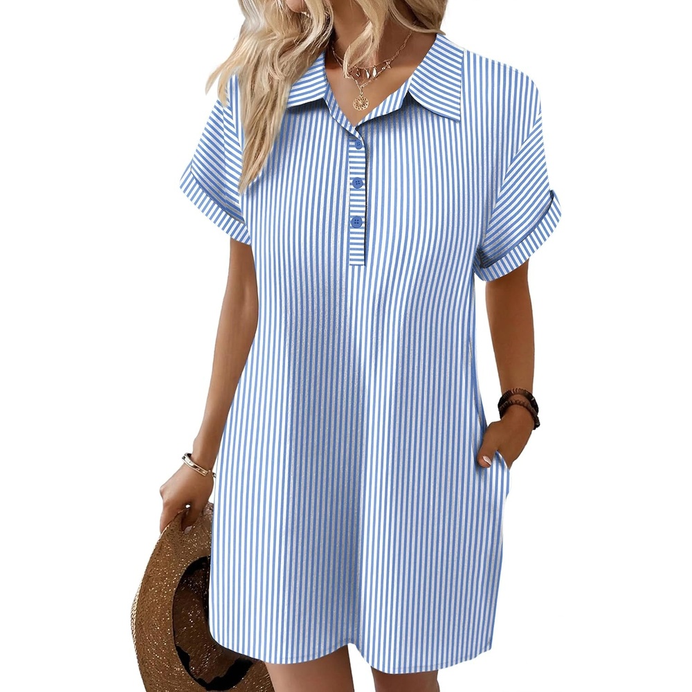 image:imageZeagoo Womens Cotton Shirt Dress Summer Casual Short Sleeve Button Down Beach Cover Up Shirts with PocketsA01blue White Stripe
