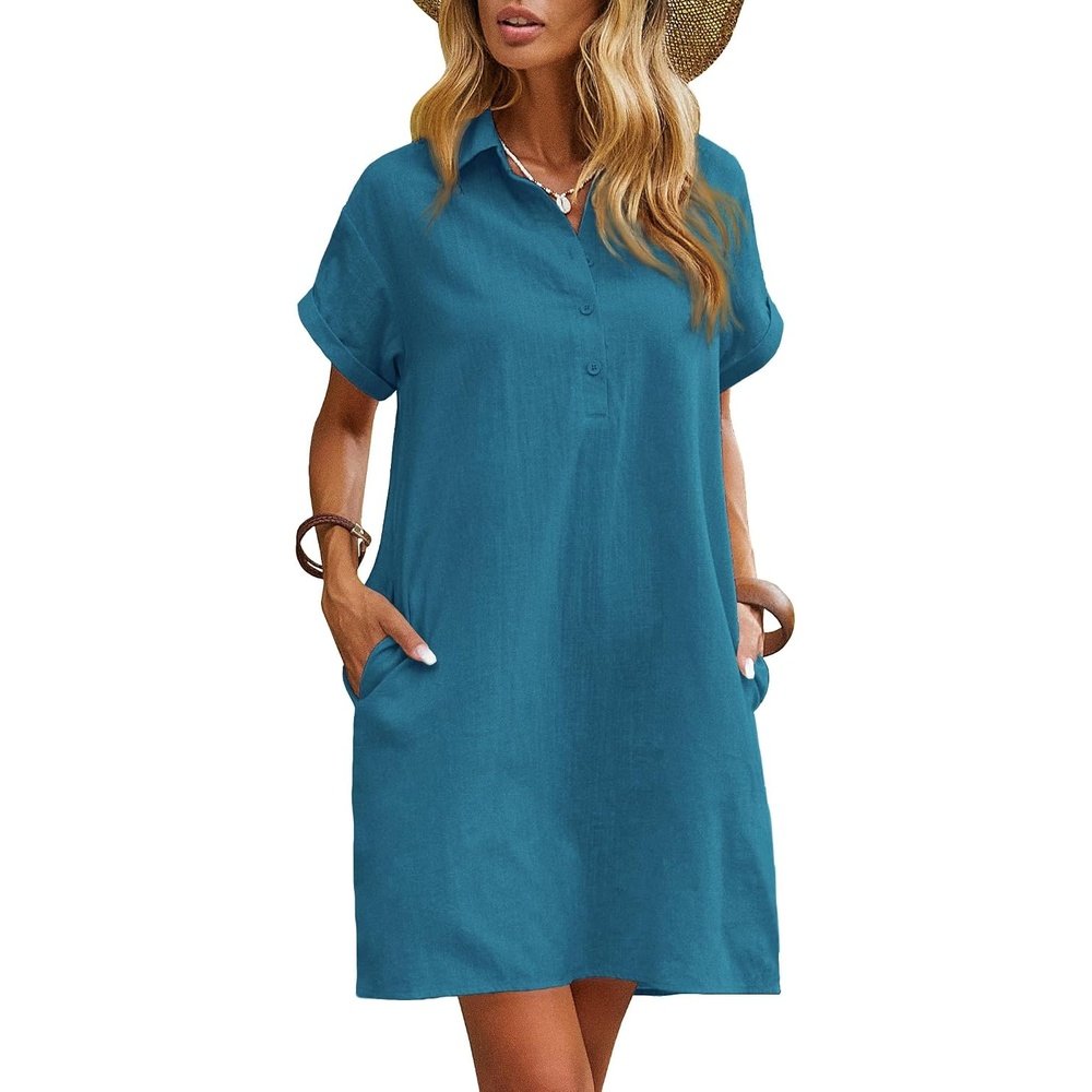 image:imageZeagoo Womens Cotton Shirt Dress Summer Casual Short Sleeve Button Down Beach Cover Up Shirts with PocketsBlue Green