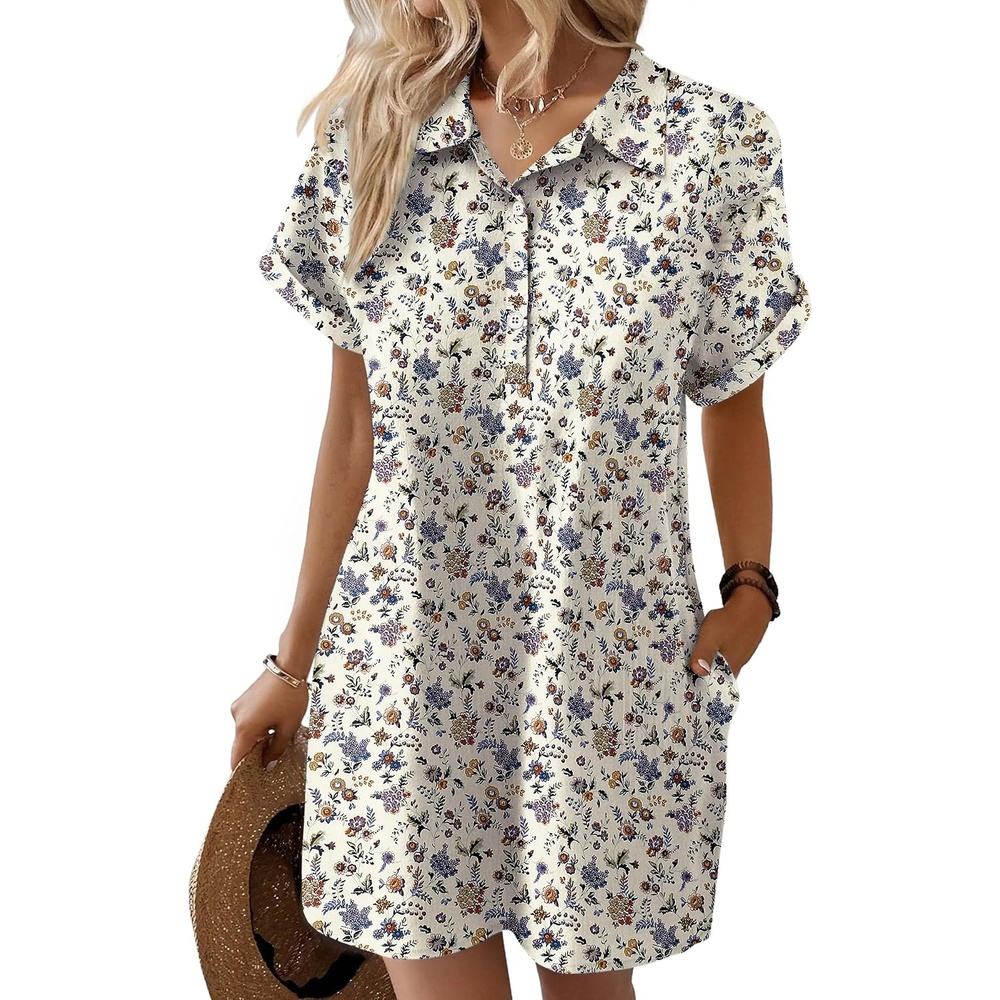 image:imageZeagoo Womens Cotton Shirt Dress Summer Casual Short Sleeve Button Down Beach Cover Up Shirts with PocketsFloral