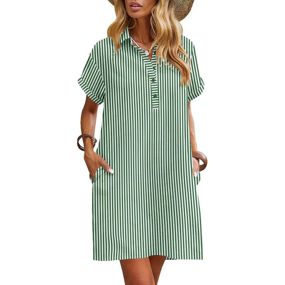 image:imageZeagoo Womens Cotton Shirt Dress Summer Casual Short Sleeve Button Down Beach Cover Up Shirts with PocketsGreen White Stripe