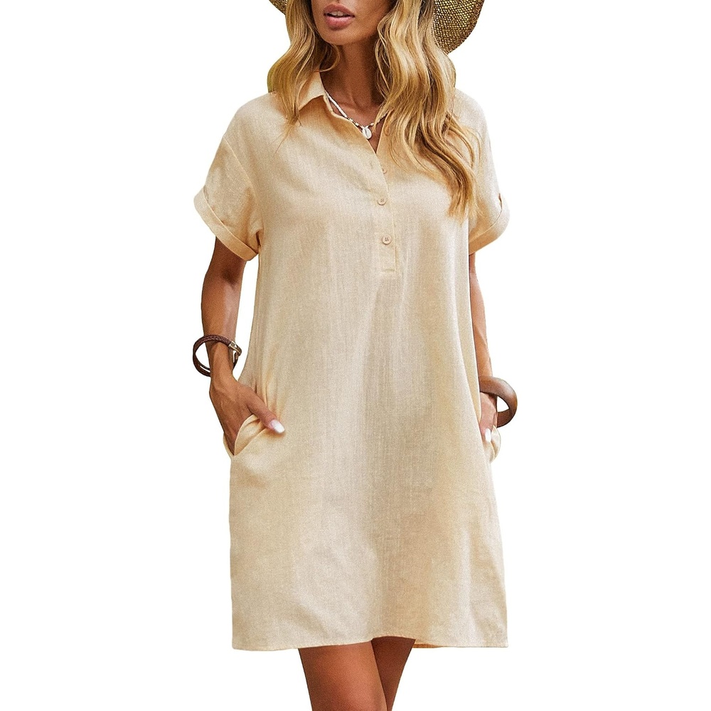 image:imageZeagoo Womens Cotton Shirt Dress Summer Casual Short Sleeve Button Down Beach Cover Up Shirts with PocketsKhaki