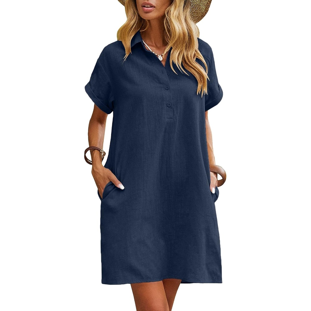 image:imageZeagoo Womens Cotton Shirt Dress Summer Casual Short Sleeve Button Down Beach Cover Up Shirts with PocketsNavy Blue