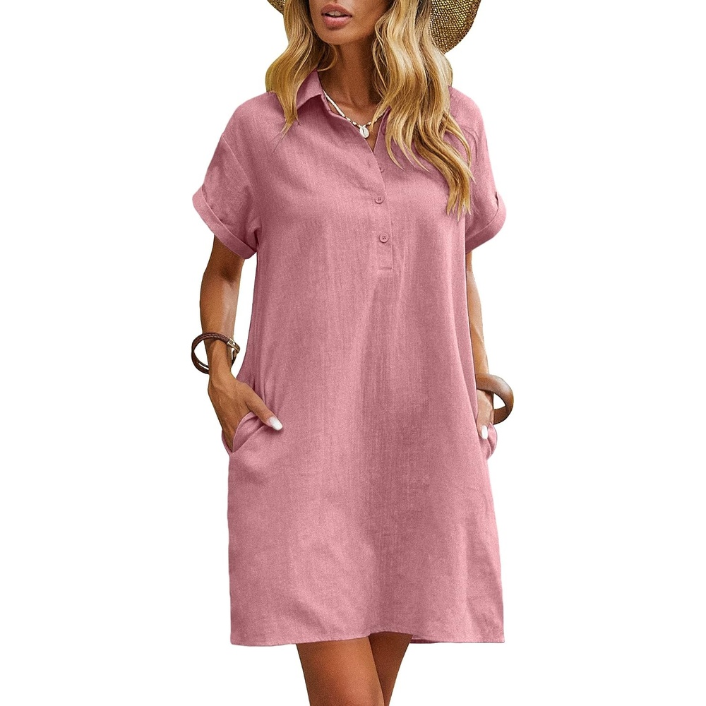 image:imageZeagoo Womens Cotton Shirt Dress Summer Casual Short Sleeve Button Down Beach Cover Up Shirts with PocketsPink