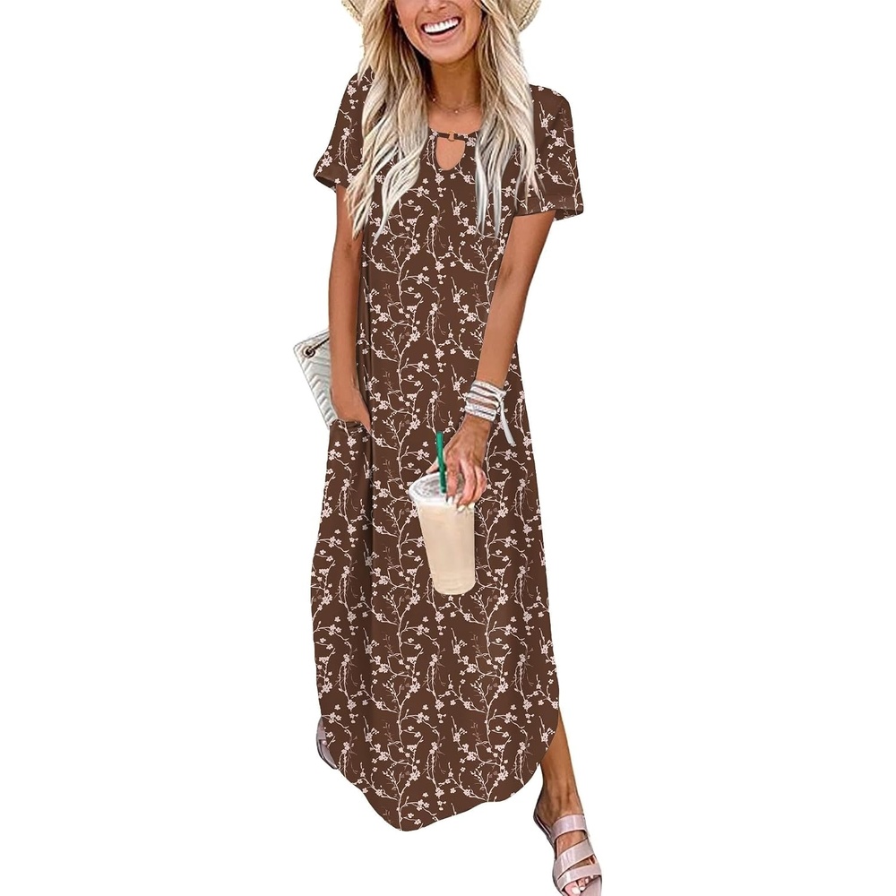 image:imageZeagoo Womens Maxi Summer Dress with Pockets Casual Short Sleeve Sundress Trendy 2026 Curve Hem Long Dress2601 Brown Floral