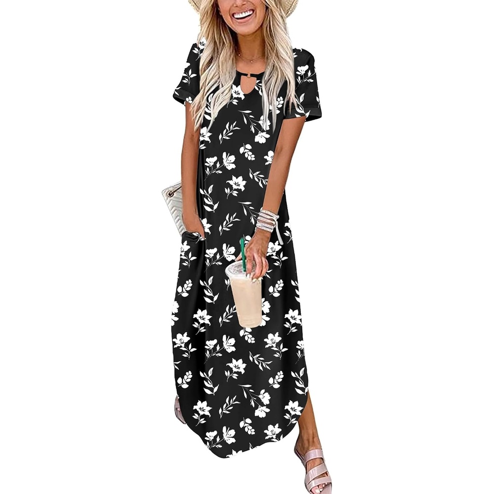 image:imageZeagoo Womens Maxi Summer Dress with Pockets Casual Short Sleeve Sundress Trendy 2026 Curve Hem Long Dress2602 Black Floral