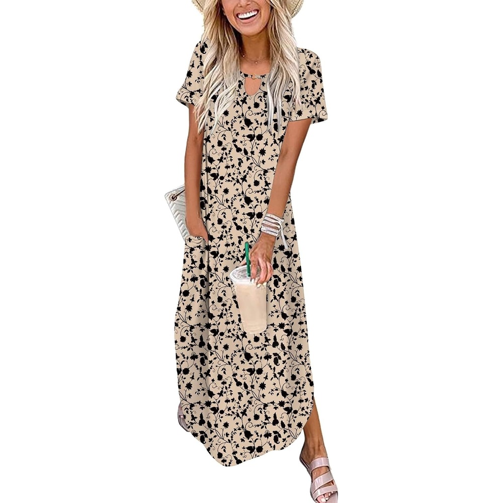 image:imageZeagoo Womens Maxi Summer Dress with Pockets Casual Short Sleeve Sundress Trendy 2026 Curve Hem Long Dress2602 Brown Flower