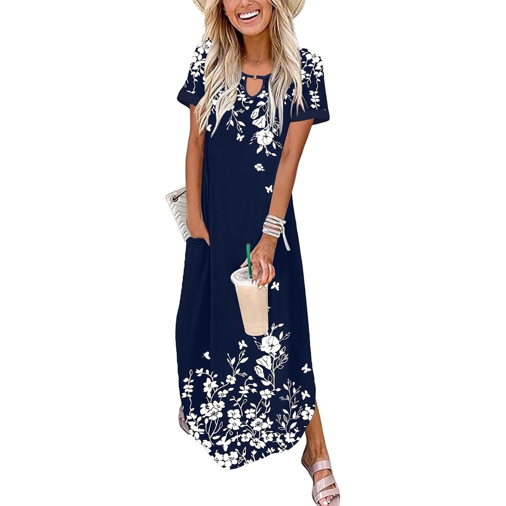 image:imageZeagoo Womens Maxi Summer Dress with Pockets Casual Short Sleeve Sundress Trendy 2026 Curve Hem Long Dress2602 Navy Floral