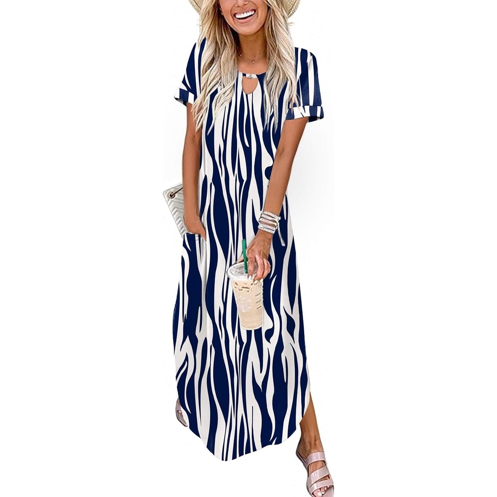 image:imageZeagoo Womens Maxi Summer Dress with Pockets Casual Short Sleeve Sundress Trendy 2026 Curve Hem Long DressBlue Printed01