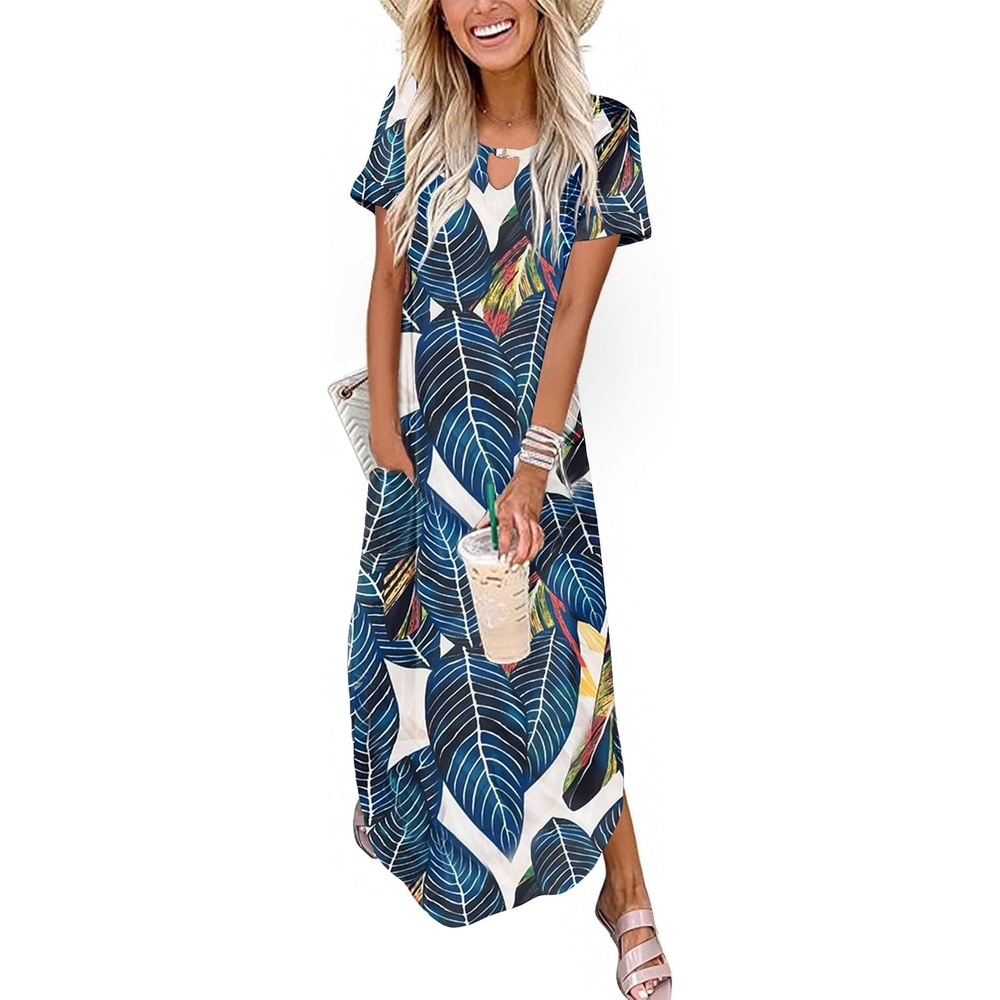 image:imageZeagoo Womens Maxi Summer Dress with Pockets Casual Short Sleeve Sundress Trendy 2026 Curve Hem Long DressLeafprinted01