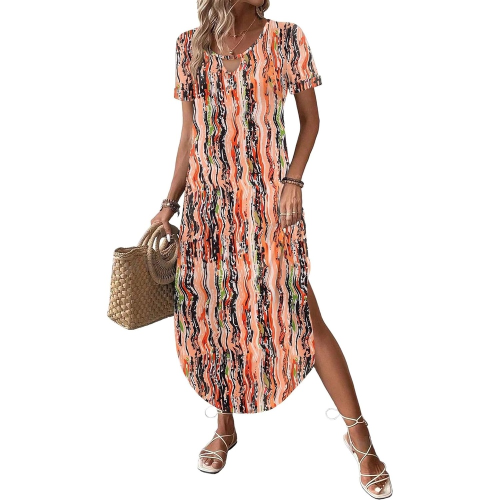 image:imageZeagoo Womens Maxi Summer Dress with Pockets Casual Short Sleeve Sundress Trendy 2026 Curve Hem Long DressPrinted044