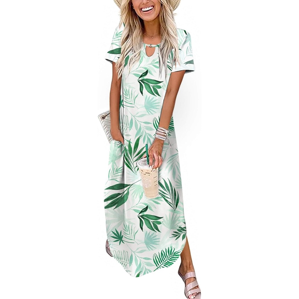 image:imageZeagoo Womens Maxi Summer Dress with Pockets Casual Short Sleeve Sundress Trendy 2026 Curve Hem Long DressWhiteleafprinted
