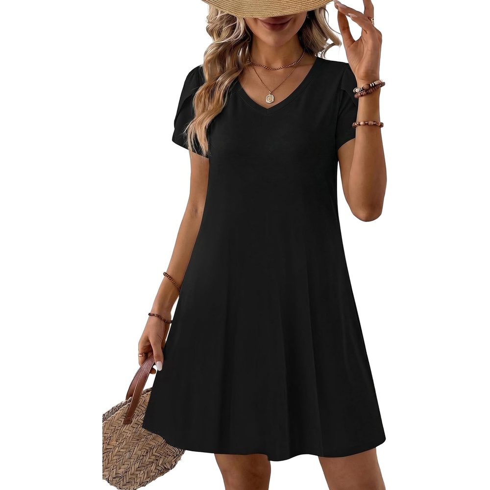 image:imageZeagoo Womens Summer ALine Dress with Pockets Mini Short Sleeve Dresses Flowy Beach Swing Dress 2026 Vacation TravelBlack