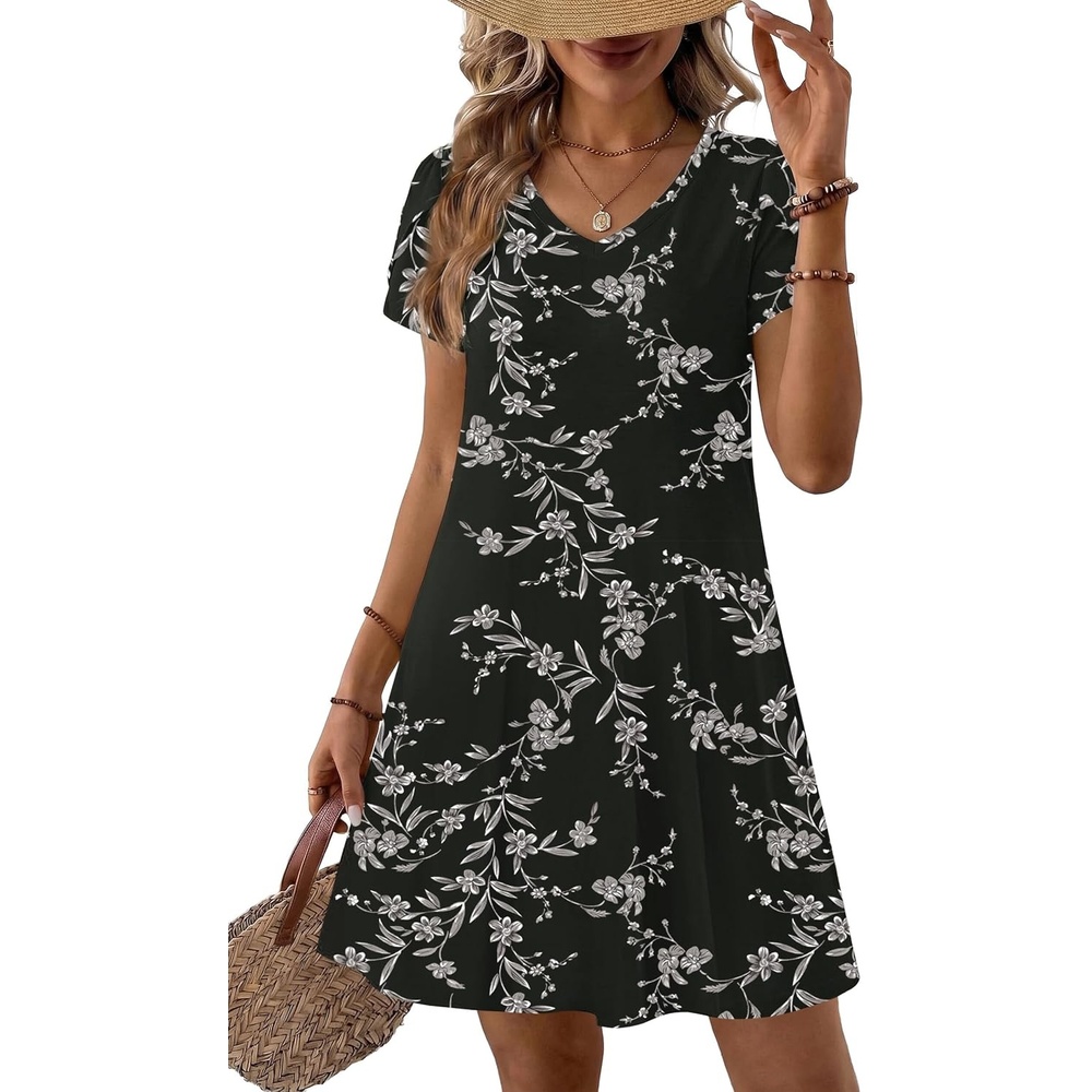 image:imageZeagoo Womens Summer ALine Dress with Pockets Mini Short Sleeve Dresses Flowy Beach Swing Dress 2026 Vacation TravelBlack Print