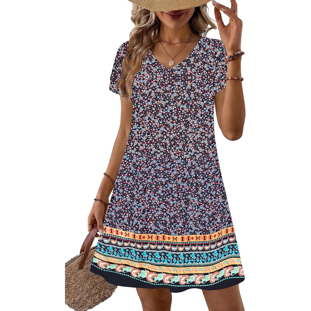image:imageZeagoo Womens Summer ALine Dress with Pockets Mini Short Sleeve Dresses Flowy Beach Swing Dress 2026 Vacation TravelXh411