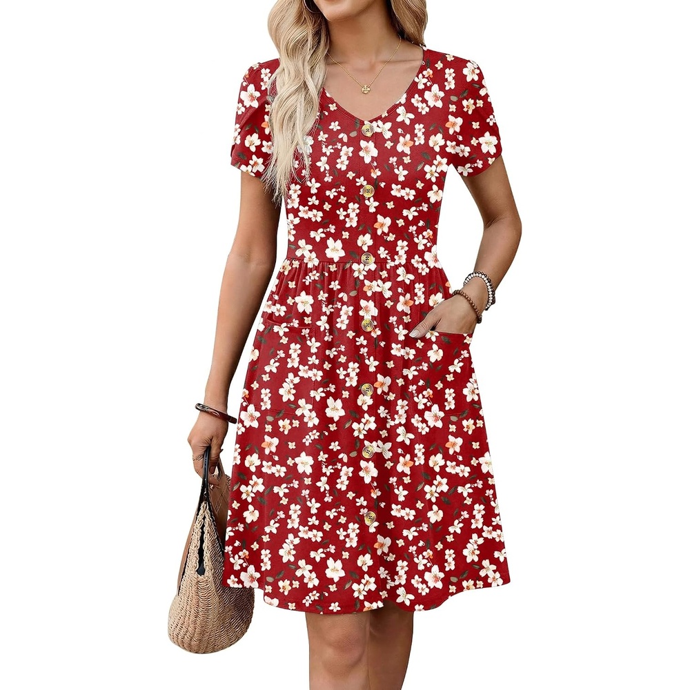 image:imageZeagoo Womens Summer Dress Mini Petal Short Sleeve Dresses Pleated Button Down V Neck Floral Beach Swing Vacation Dress 202601floral Red White