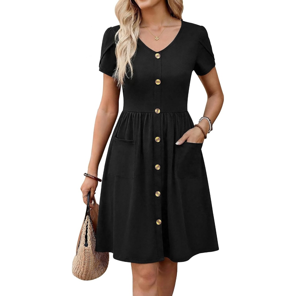image:imageZeagoo Womens Summer Dress Mini Petal Short Sleeve Dresses Pleated Button Down V Neck Floral Beach Swing Vacation Dress 2026Black