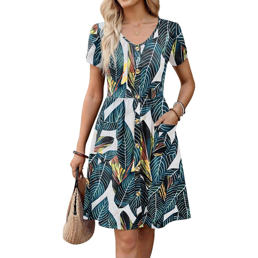 image:imageZeagoo Womens Summer Dress Mini Petal Short Sleeve Dresses Pleated Button Down V Neck Floral Beach Swing Vacation Dress 2026Blue Leaf