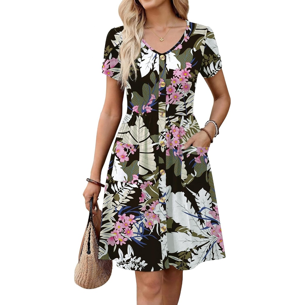 image:imageZeagoo Womens Summer Dress Mini Petal Short Sleeve Dresses Pleated Button Down V Neck Floral Beach Swing Vacation Dress 2026Leaf Pink Flower