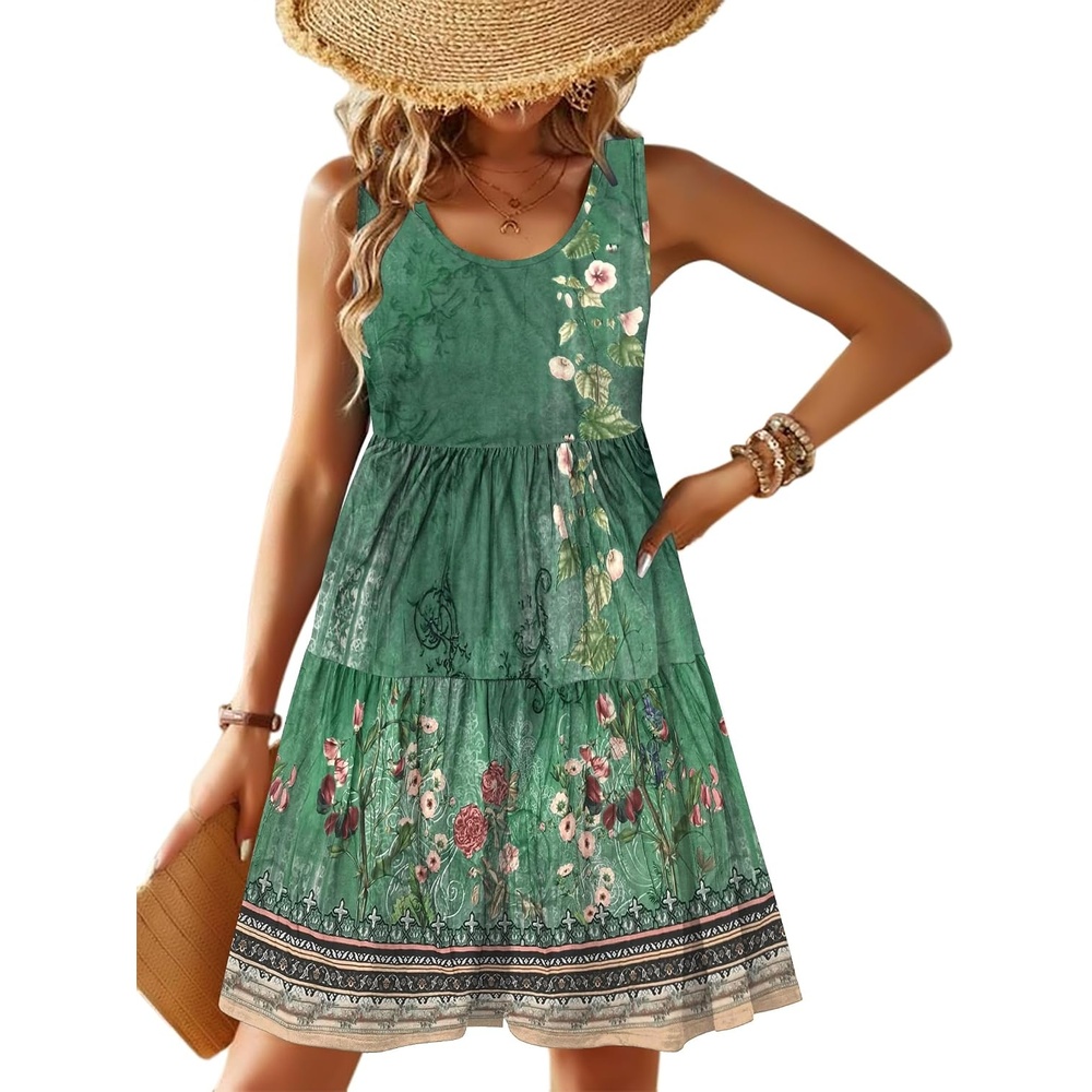 image:imageZeagoo Womens Summer Sundress Boho Floral Casual Tank Dresses with Pockets Sleeveless Tiered Swing A Line Beach DressGreen Floral