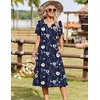 Zeagoo Summer Dresses for Women 2026 Casual Short Sleeve Aline Midi Dress with Pocket Flowy Pleated Tshirt Beach Sundress(Navy Blue Print)