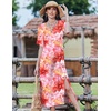 Zeagoo Summer Dresses for Women 2026 Maxi Dresses Vacation Sundress Short Sleeve Casual Sundresses Split Dress with Pockets(Flowers Red Yellow)