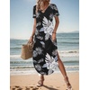 Zeagoo Womens Maxi Summer Dress with Pockets Casual Short Sleeve Sundress Trendy 2026 Curve Hem Long Dress(Black-leaf-printed)